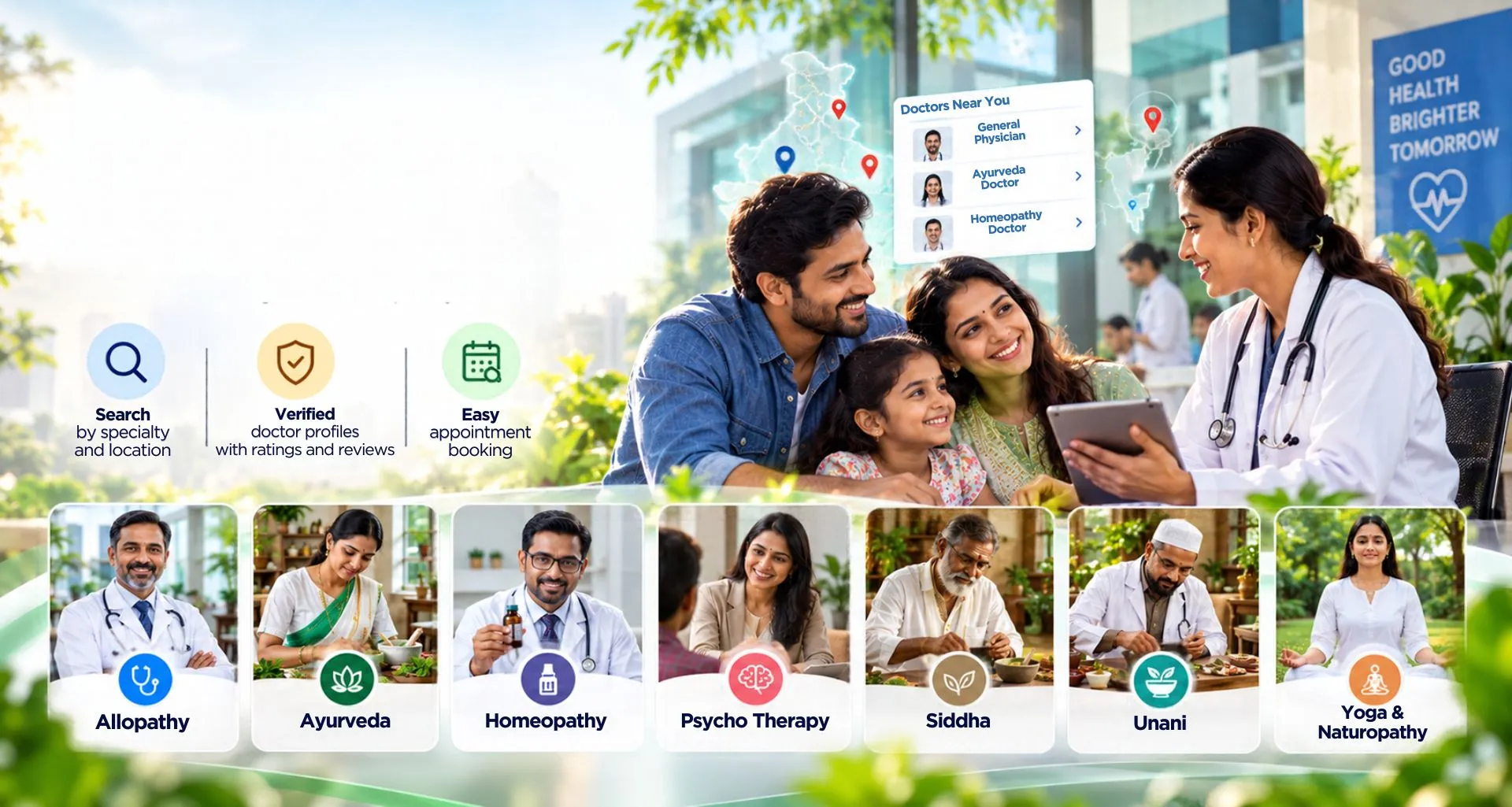 Find allopathy, Ayurveda, homeopathy, Siddha and Unani doctors near you